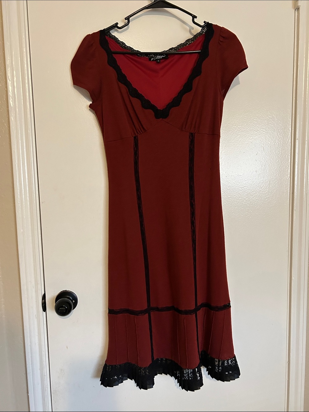 Vintage Betsey Johnson Brick Red Dress with Black Lace Trim